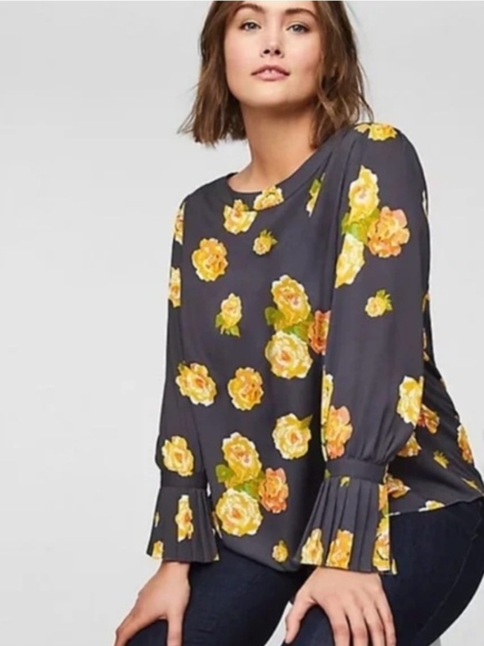 LOFT Dark Gray Floral Blouse with Yellow & Orange Roses - Size M